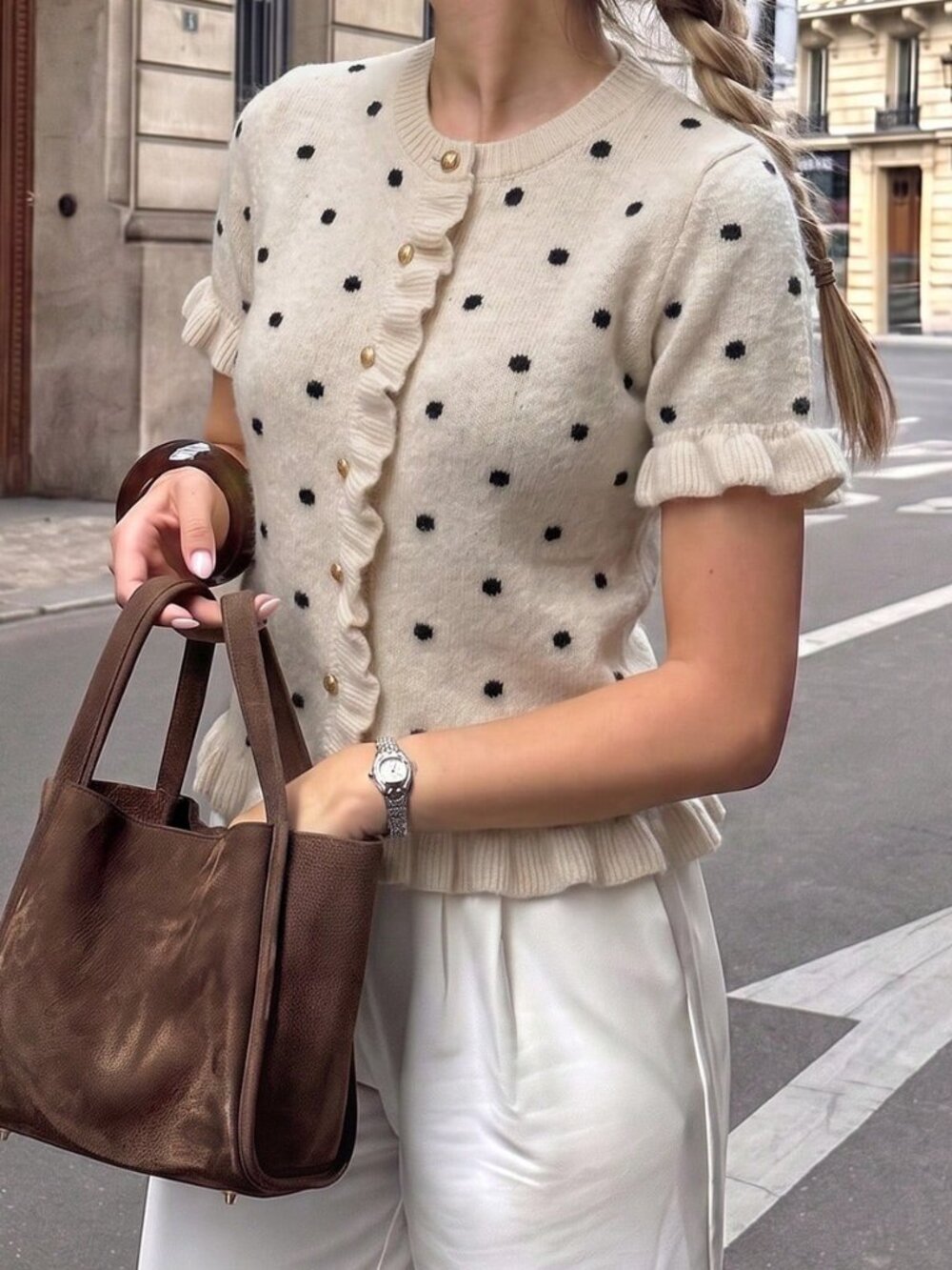 Khaki Casual Women's Polka Dot Ruffle Hem Round Neck Regular Fit Knit Top